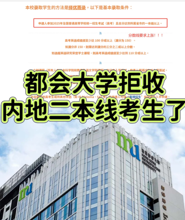 香港都會大學本科申請門檻提升，需一本線！